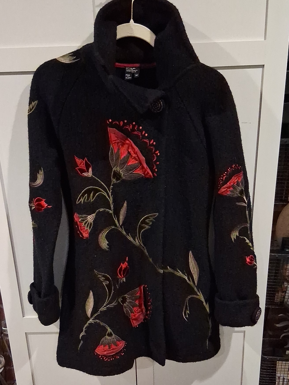 Black Floral Embroidered Wool Coat - Women's Jacket